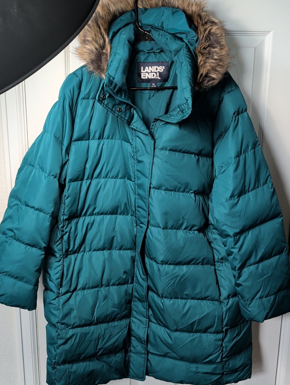 Lands' End Teal Quilted Puffer Coat with Faux-Fur Trimmed Hood